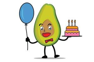 Avocado Cartoon mascot or character holding balloons and birthday cake at birthday celebration event vector