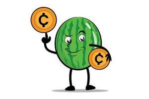 Watermelon Cartoon mascot or character holding crypto coins, digital coins or digital money vector