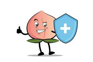 Peach Cartoon mascot or character as a health worker who holds a health protection shield vector