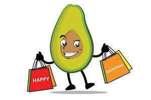 aguacate dibujos animados mascota o personaje llevar tienda de comestibles pantalones y disfrutar compras vector