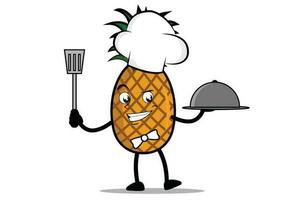 Pineapple Cartoon mascot or character as a chef holding the spatula and serving plate vector