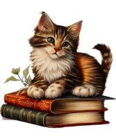 Clásico libros y gato acuarela ai generativo png