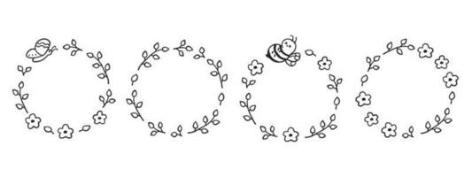 Circle borders in doodle style. Cute round frames with leaves, flowers, butterfly and bee isolated on white background. vector