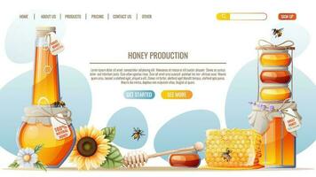 Honey products. Honeycombs, jar of honey, bees. Honey shop webpage design template. Vector illustration for banner, advertisement, web page, cover