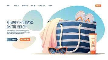 Web page template with summer beach accessories. Concept for web banner and landing page. Towel, sunglasses, beach bag, sunscreen vector