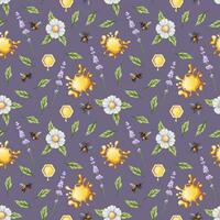 Seamless pattern with lavender branch, honey drops, daisies, bees. Texture for wrapping paper, textile, wallpaper. vector