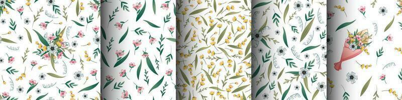 Set of seamless patterns of wild flowers on white background. Texture for paper, textiles, wallpaper, etc. vector