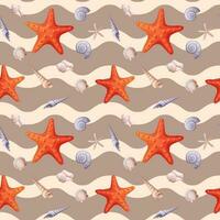 Seamless pattern with starfish and seashells with a wavy pattern. Cute children s pattern for gift paper, fabric, wallpaper vector