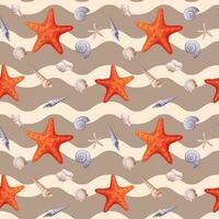 Seamless pattern with starfish and seashells with a wavy pattern. Cute children s pattern for gift paper, fabric, wallpaper vector