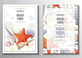 Flyer set with seashells and orange starfish. Banner, flyer, poster A4 size for advertising. Banner, flyer, poster A4 size for advertising vector