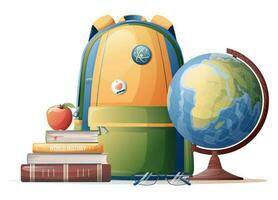 ilustración de un apilar de libros, un mochila y un globo. colegio tema, estudiar, educación. espalda a escuela, conocimiento día. adecuado para pegatinas, pancartas, volantes, etc. vector