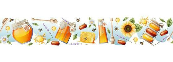 Seamless border with honey jars and sunflowers, bees. Suitable for decorating a honey store and summer illustrations. vector