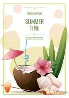 Flyer template design with coconut cocktail, flowers. Summertime, beach party, bar, refreshing drinks. Banner, flyer, poster A4 size for advertising vector