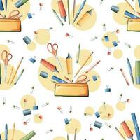 Seamless pattern with pencils, markers, scissors. School seamless background. Suitable for paper, wallpaper, textiles, etc. vector