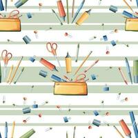 Seamless pattern with pencils, markers, scissors. School seamless background. Suitable for paper, wallpaper, textiles, etc. vector