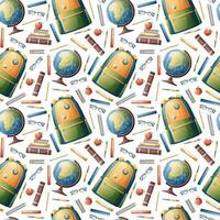 Seamless pattern with a school backpack, textbooks, a globe on a white background. Back to school, knowledge day, school theme. Suitable for paper, fabric, wallpaper, etc. vector