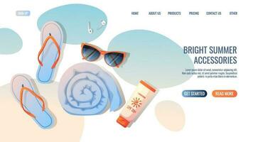 Web page template with summer beach accessories. Concept for web banner and landing page. Towel, sunglasses, slippers, sunscreen. vector