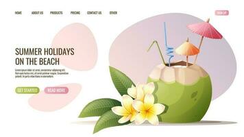 Web page template with beach cocktail in plumeria coconut. Concept for web banner and landing page. Beach theme, tropical vacation. vector