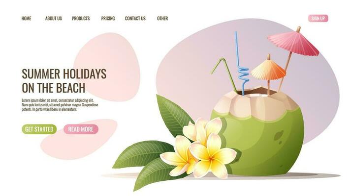 Web page template with beach cocktail in plumeria coconut. Concept for web banner and landing page. Beach theme, tropical vacation.