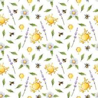 Seamless pattern with lavender branch, honey drops, daisies, bees. Texture for wrapping paper, textile, wallpaper. vector