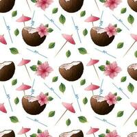 Seamless pattern with pink hibiscus flowers, cocktail in coconut. a light Beach tropical texture for clothes, fabric, wallpaper, paper, etc vector