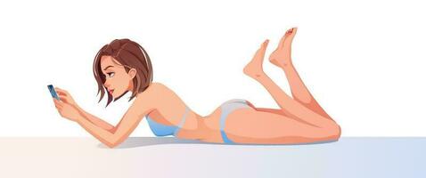 mujer broncearse en un traje de baño en el playa. vacaciones en el playa. verano dibujos animados ilustración. vector