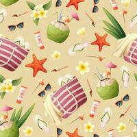 Seamless pattern with beach bag, coconut cocktail, seashells, glasses on a burgundy background. beach summer texture for wallpaper, fabric, paper vector