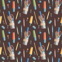 Seamless pattern with pencils, markers, scissors on a dark background. School seamless background. Suitable for paper, wallpaper, textiles, etc. vector