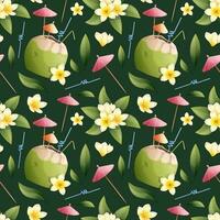 Summer seamless pattern with tropical frangipani flowers and coconut cocktail on a green background. Suitable for wallpaper, fabric, paper, etc vector