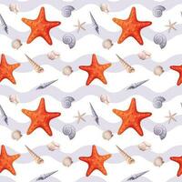 Seamless pattern with starfish and seashells with a wavy pattern. Cute children s pattern for gift paper, fabric, wallpaper vector