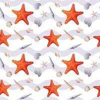 Seamless pattern with starfish and seashells with a wavy pattern. Cute children s pattern for gift paper, fabric, wallpaper vector