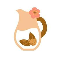 Glass jar of almond milk with fruit and flower. Plant based vegan drink concept. Dairy free and non lactose beverage. Vector flat illustration.