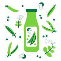 Bottle of pea milk with pads and leafs around. Plant based vegan drink concept. Dairy free and non lactose beverage. Vector flat illustration.