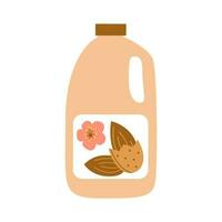 Bottle of almond milk with fruit and flower. Plant based vegan drink concept. Dairy free and non lactose beverage. Vector flat illustration.