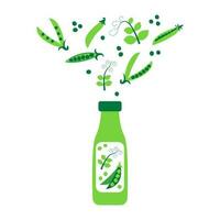 Bottle of pea milk with pads and leafs. Plant based vegan drink concept. Dairy free and non lactose beverage. Vector flat illustration.