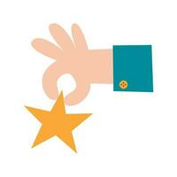 Hand holds a gold star in fingers. Office worker reviews and makes quality rating. Positive feedback concept. Business icon vector flat illustration.