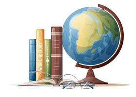 Illustration of a stack of books and a globe. School theme, study, education. Back to school, knowledge day. Suitable for stickers, banners, flyers, etc. vector