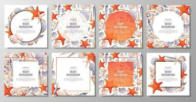 Set of decorative frames with shells, starfish isolated on white. Square wreath with nautical elements and underwater animals for postcards, nautical party invitations. Cartoon vector illustration