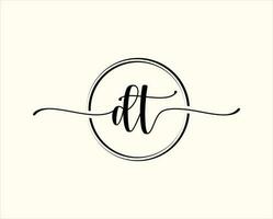 initial handwriting DT Circle logo Illustration. DT Letter Logo Design with Black Circle. Initial DT beauty monogram and elegant logo design vector