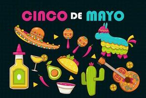 Cinco de Mayo, a federal holiday in Mexico. Fiesta poster and vector banner design elements with guitar, cactus, hat, pinata, tequila and taco