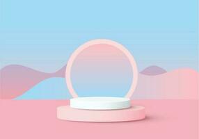 Modern Pink and Blue 3D Cylinder Pedestal Podium with Neon Circle Lamp Background for Product Showcase vector