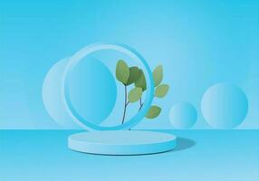 Minimalistic 3D Cylinder Podium with Overlapping Circles and Leaf Background vector