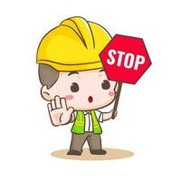 Cute contractor holding stop sign Cartoon Character. People Building Icon Concept design. Isolated Flat Cartoon Style. Vector art illustration