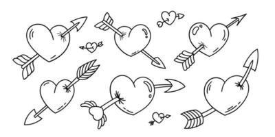 Handrawn hearts with arrow in different positions. vector