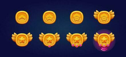 Rank patent gold badges set. Gemstone, star and wings. High quality illustrations. Perfect for games. vector