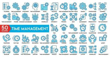 hora administración concepto vector ilustración con íconos Temporizador, alarma y reloj inteligente. hora gestión, 24 hora reloj, fecha límite alarma iconos arena reloj de arena, calendario y digital reloj inteligente