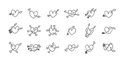handrawn corazones colección y flechas en diferente posiciones. vector