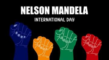 International Nelson Mandela Day vector illustration with south africa flag and hands showing strength, unity, and power. perfect for poster or banner