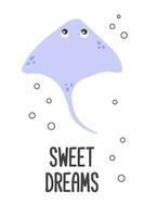 póster de vector linda dibujos animados púrpura mantarraya con burbujas y texto dulce Sueños en plano estilo.