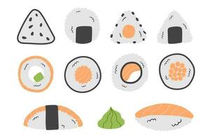 Flat doodle vector set of sushi, rolls, onigiri. Traditional Asian food on a white background.